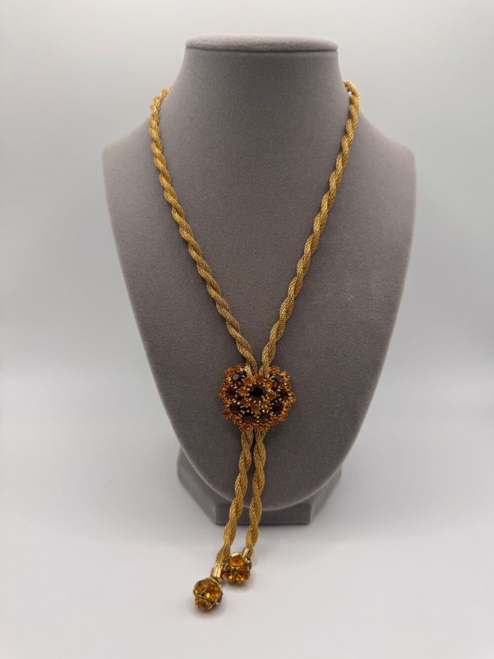 Vintage Gold Mesh Rope Lariat Necklace Rhinestone Slide Statement Unsigned